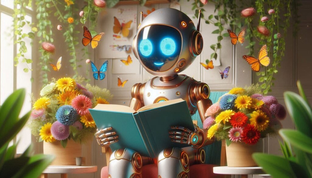  a charming scene where a robot with a friendly, glowing face is seated and reading a book. 