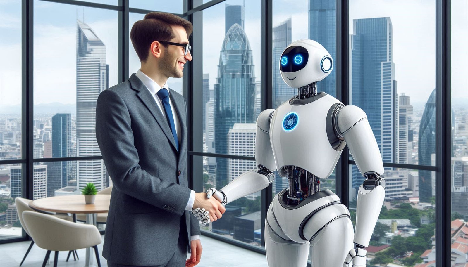 a business setting where a human in a suit is shaking hands with a humanoid robot.