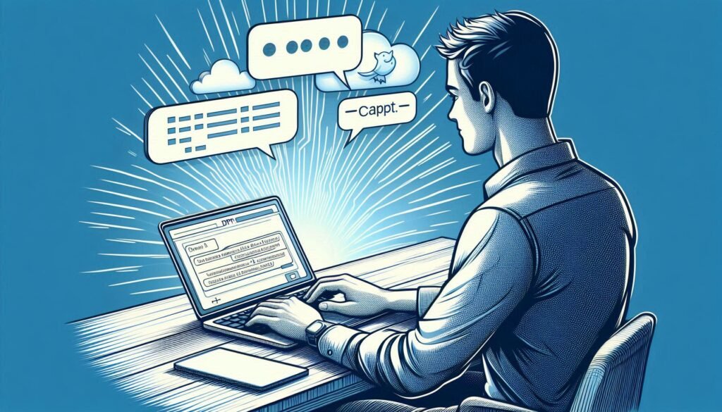 Illustration of a person typing on a laptop, surrounded by floating speech bubbles and digital icons, representing the process of creating chat prompts for ChatGPT digital product.