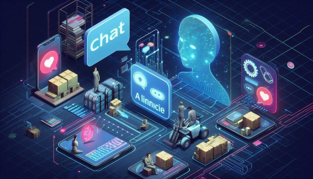 A vibrant and futuristic illustration depicting the integration of AI and chat technology into various aspects of business and daily life.

