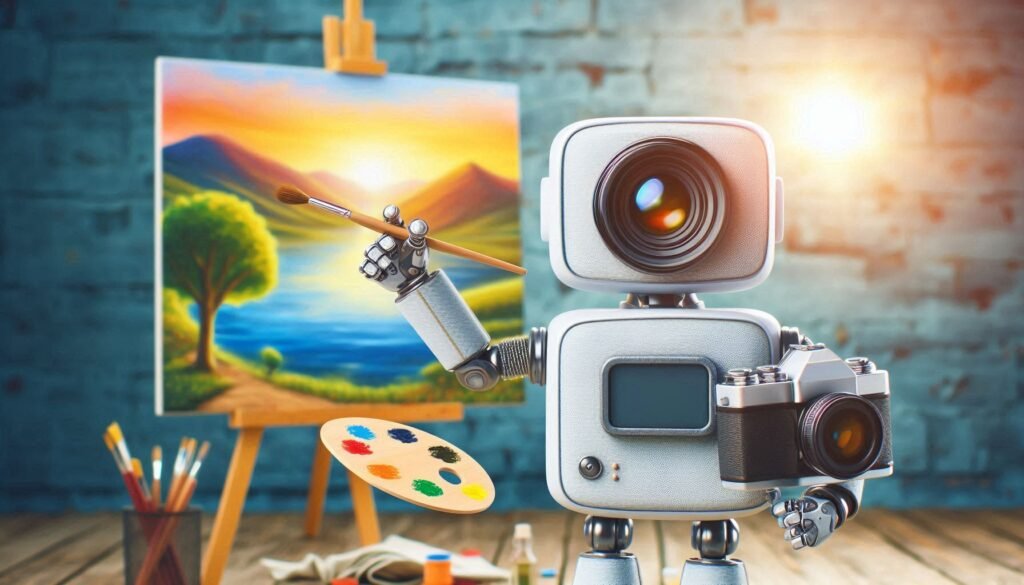 A photorealistic image of a robotic AI Photo Editor holding a paintbrush and palette in front of a canvas.