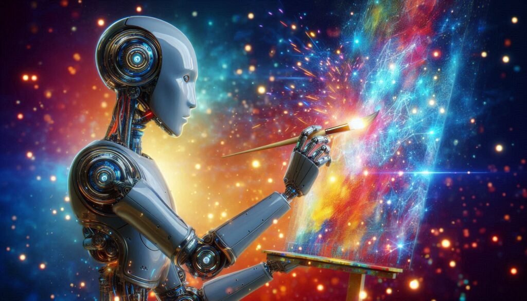 Illustration of a robot artistically painting a vibrant and colorful digital canvas, symbolizing the fusion of artificial intelligence and creativity in digital product development.