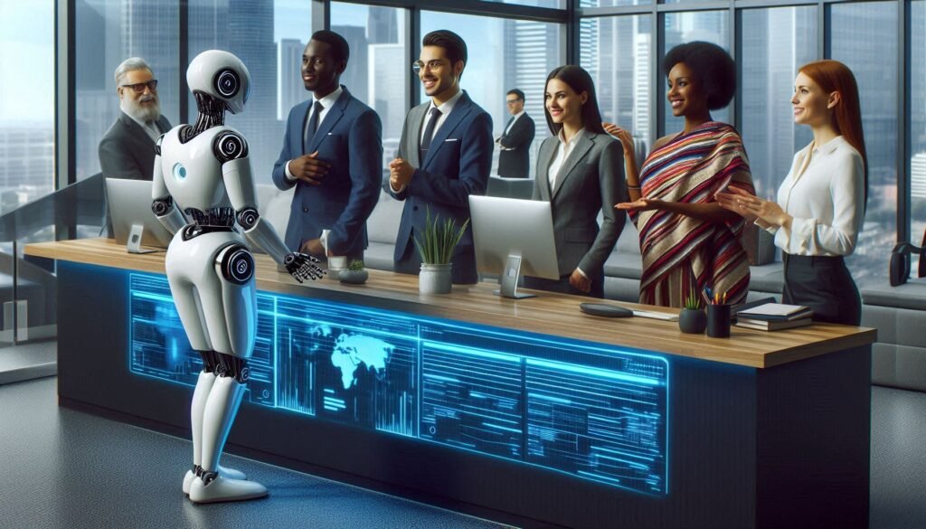 a futuristic office setting where a humanoid robot is interacting with a group of professionals. The robot stands in front of a modern desk with digital displays, and the professionals, dressed in business attire